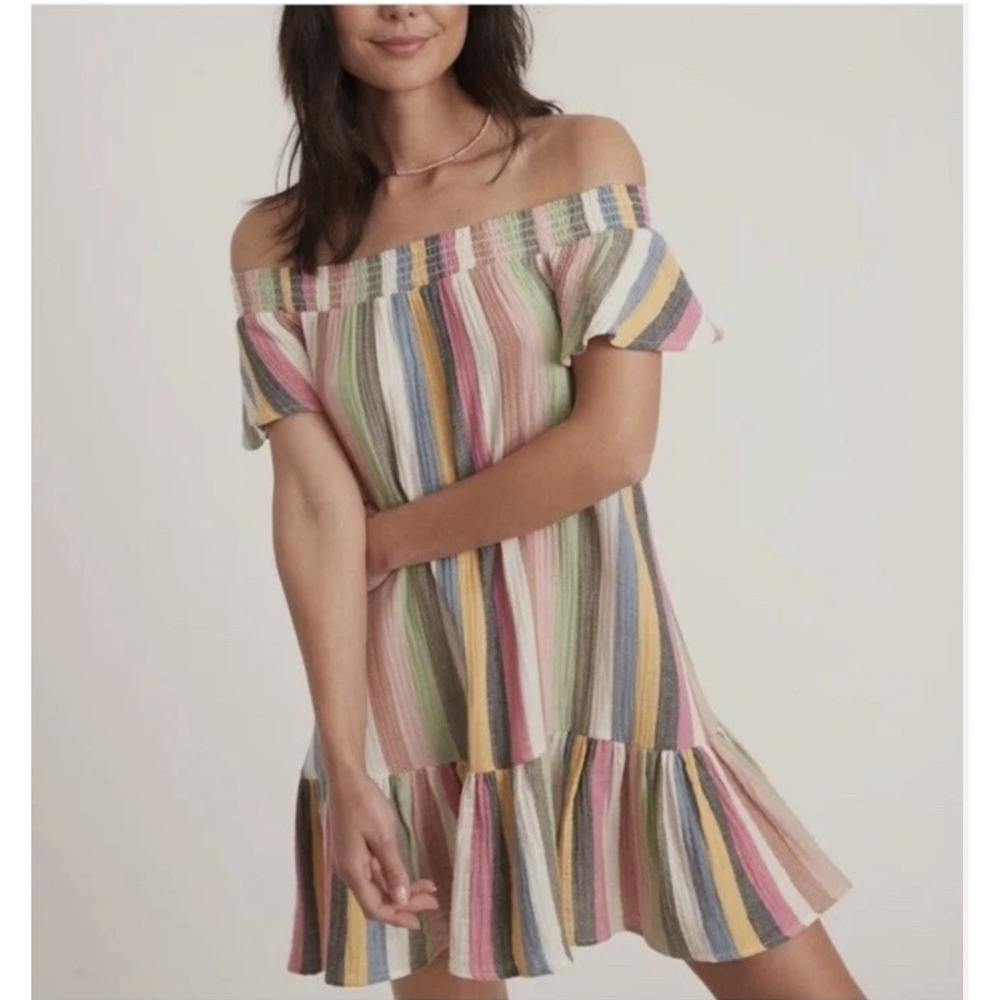Marine Layer Dress Small Shirley Rainbow Stripe Off Shoulder Ruffle Mini Summer